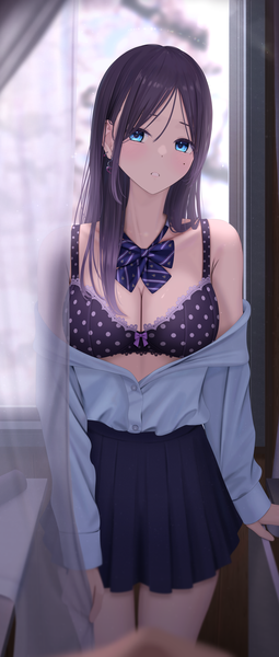 Anime picture 1700x4000 with original inaka 44 single long hair tall image looking at viewer blush fringe breasts blue eyes light erotic black hair hair between eyes large breasts standing cleavage indoors parted lips pleated skirt off shoulder