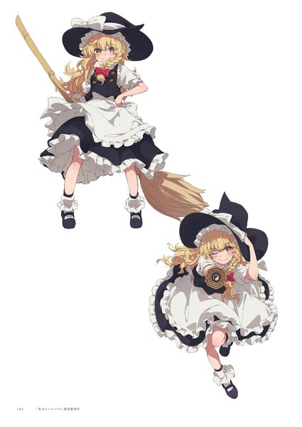Anime picture 1360x1920 with touhou kirisame marisa ogipote long hair tall image looking at viewer fringe simple background blonde hair white background yellow eyes braid (braids) one eye closed wink scan short sleeves puffy sleeves side braid multiview witch