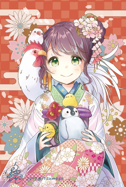 Anime picture 640x951 with original rougetsu single long hair tall image looking at viewer fringe black hair smile green eyes signed traditional clothes japanese clothes twitter username new year floral background happy new year nengajou egasumi 2017