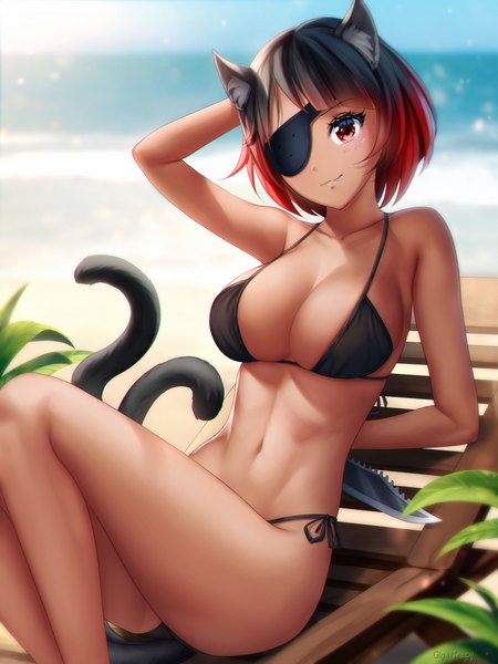 Anime-Bild 750x1000 mit original gigamessy single tall image looking at viewer blush fringe short hair breasts light erotic black hair smile red eyes large breasts sitting bare shoulders holding signed animal ears sky