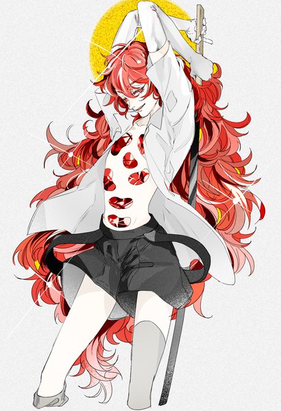 Anime picture 1300x1900 with houseki no kuni padparadscha (houseki no kuni) hamaguri single tall image looking at viewer fringe light erotic hair between eyes red eyes red hair very long hair sparkle open shirt androgynous thighhighs gloves uniform weapon shirt