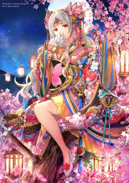 Anime picture 919x1299 with original mimi n (futarinokizuna) single long hair tall image looking at viewer red eyes sitting holding sky bent knee (knees) white hair traditional clothes japanese clothes wide sleeves bare legs legs cherry blossoms floral print covering