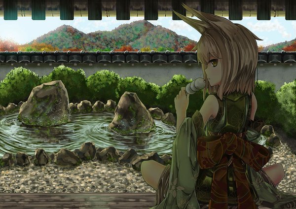 Anime picture 1024x724 with original inabi single looking at viewer short hair brown hair sitting bare shoulders green eyes animal ears traditional clothes profile girl bow plant (plants) detached sleeves