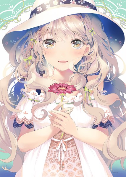 Anime picture 676x952 with original sakuragi kei single long hair tall image looking at viewer blush fringe holding parted lips light smile grey hair grey eyes wavy hair hands clasped girl dress flower (flowers) bow hair bow