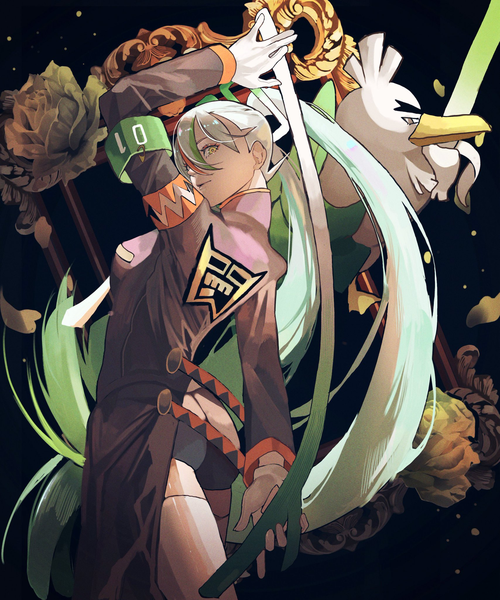 Anime picture 1708x2048 with pokemon vocaloid nintendo project voltage hatsune miku fighting miku (project voltage) sirfetch'd reo (mmocc123) single tall image looking at viewer highres twintails yellow eyes white hair very long hair multicolored hair zettai ryouiki streaked hair gen 8 pokemon