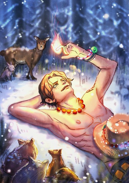 Anime picture 1000x1414 with one piece toei animation portgas d. ace an ri single tall image short hair open mouth black hair red eyes lying arm up light smile blurry on back depth of field snowing looking up topless winter