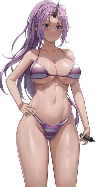 Anime picture 2503x4932 with tensei shitara slime datta ken 8bit shion (tensei shitara slime datta ken) jasony single long hair tall image looking at viewer blush fringe highres breasts light erotic simple background smile large breasts standing white background purple eyes holding