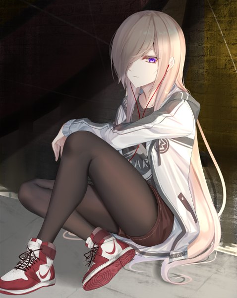 Anime picture 2000x2511 with original nike eternity (shadeh) single long hair tall image looking at viewer fringe highres blonde hair sitting purple eyes full body bent knee (knees) hair over one eye open jacket expressionless against wall legwear under shorts girl