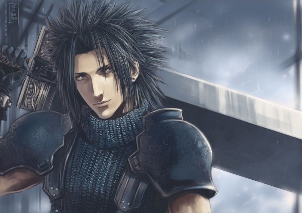 Anime picture 1200x849 with final fantasy final fantasy vii square enix zack fair anhellica single short hair black hair realistic grey background grey eyes boy gloves armor huge weapon huge sword