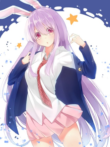 Anime picture 826x1101 with touhou reisen udongein inaba tika (mika4975) single long hair tall image looking at viewer blush red eyes animal ears pink hair pleated skirt bunny ears girl skirt uniform school uniform shirt necktie jacket
