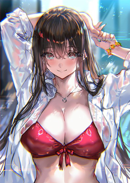 Anime picture 1141x1600 with original ranou single long hair tall image looking at viewer fringe breasts light erotic smile hair between eyes brown hair large breasts cleavage upper body aqua eyes arms up open shirt anaglyph girl