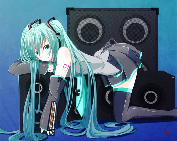 Anime picture 1027x820 with vocaloid hatsune miku green eyes green hair girl