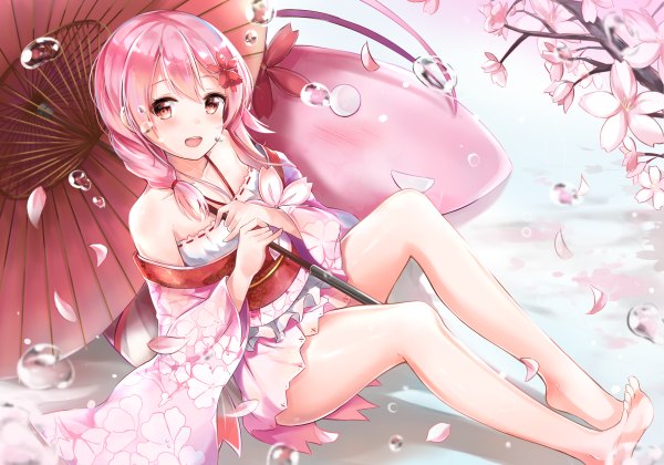 Anime picture 1200x840 with sergestid shrimp in tungkang xuan ying konka single long hair looking at viewer red eyes bare shoulders pink hair traditional clothes japanese clothes barefoot bare legs cherry blossoms girl petals kimono