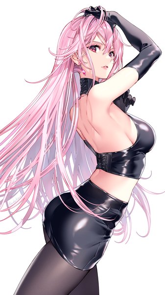 Anime-Bild 1080x1920 mit original nardack single long hair tall image looking at viewer fringe breasts light erotic simple background hair between eyes red eyes large breasts standing white background pink hair ass parted lips barefoot from behind