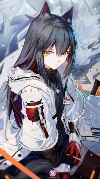 Anime picture 1863x3312 with arknights texas (arknights) texas (winter messenger) (arknights) mahousho single long hair tall image looking at viewer fringe highres open mouth black hair hair between eyes sitting animal ears yellow eyes red hair tail long sleeves head tilt