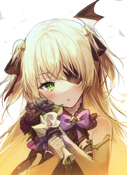 Anime picture 1000x1380 with genshin impact fischl (genshin impact) yampa single long hair tall image looking at viewer blush fringe simple background blonde hair white background green eyes upper body head tilt two side up girl flower (flowers) ribbon (ribbons) hair ribbon