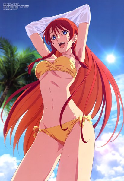 Anime picture 4073x5941 with re:creators megami magazine selesia upitiria suzuki isamu single long hair tall image highres breasts open mouth blue eyes light erotic absurdres sky cloud (clouds) red hair braid (braids) :d multicolored hair arms up
