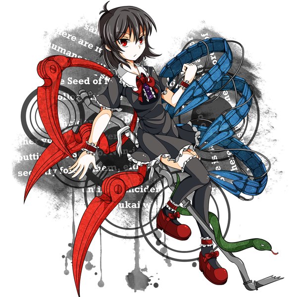 Anime picture 1687x1687 with touhou houjuu nue youka kyoudan (artist) single short hair black hair red eyes zettai ryouiki mechanical wings girl thighhighs dress black thighhighs wings shoes snake mary janes