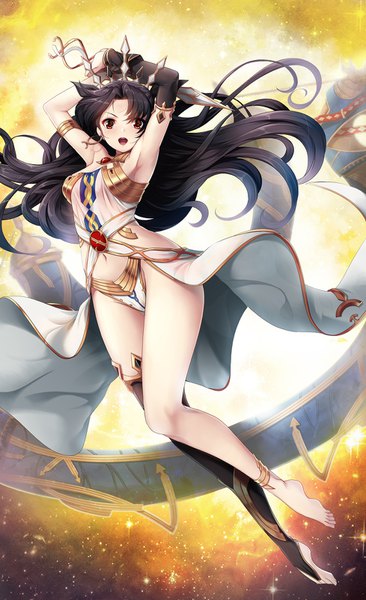 Anime picture 978x1600 with fate (series) fate/grand order ishtar (fate) koflif single long hair tall image looking at viewer open mouth light erotic black hair red eyes full body barefoot arms up armpit (armpits) two side up girl thighhighs navel