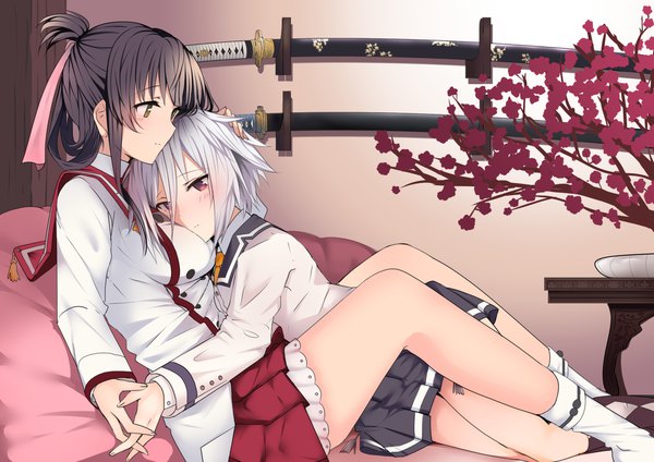 Anime picture 2299x1626 with toji no miko yanase mai itomi sayaka 80mph blush fringe highres short hair breasts light erotic black hair hair between eyes red eyes multiple girls green eyes payot white hair pleated skirt holding hands shoujo ai