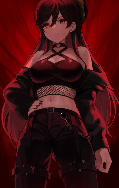 Anime picture 2594x4093 with original virtual youtuber waktaverse jingburger nao (okt8538) single long hair tall image looking at viewer fringe highres breasts simple background hair between eyes red eyes brown hair standing bare shoulders nail polish fingernails