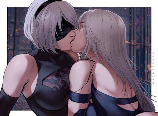 Anime picture 1100x807 with nier nier:automata yorha no. 2 type b yorha type a no. 2 dandon fuga long hair fringe short hair breasts light erotic large breasts bare shoulders multiple girls silver hair upper body eyes closed grey hair realistic border covered nipples