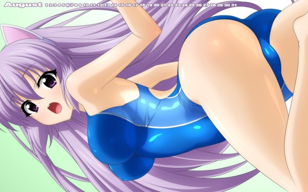 Anime picture 1920x1200 with original wave ride single long hair blush highres breasts open mouth light erotic purple eyes animal ears purple hair ass calendar 2016 girl swimsuit one-piece swimsuit competition swimsuit calendar