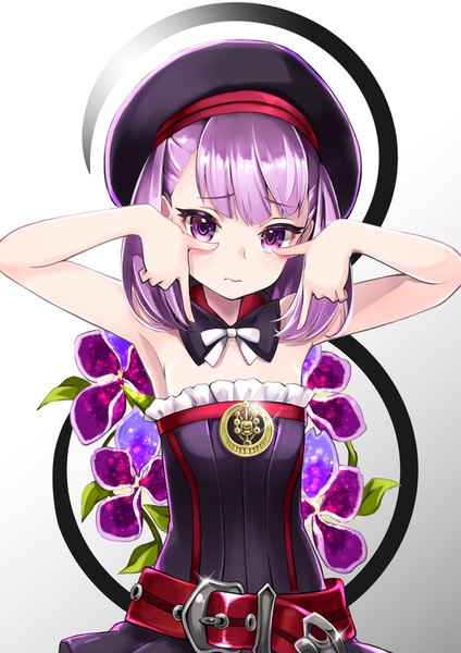 Anime picture 1000x1414 with fate (series) fate/grand order helena blavatsky (fate) pilokey single tall image looking at viewer blush fringe short hair simple background standing white background purple eyes purple hair upper body arms up sparkle girl flower (flowers)