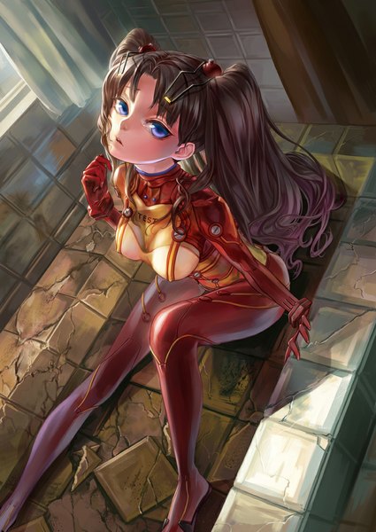 Anime picture 794x1122 with fate (series) fate/stay night neon genesis evangelion studio deen gainax type-moon toosaka rin l.green single long hair tall image looking at viewer breasts blue eyes light erotic black hair sitting twintails cosplay shikinami asuka langley (cosplay)