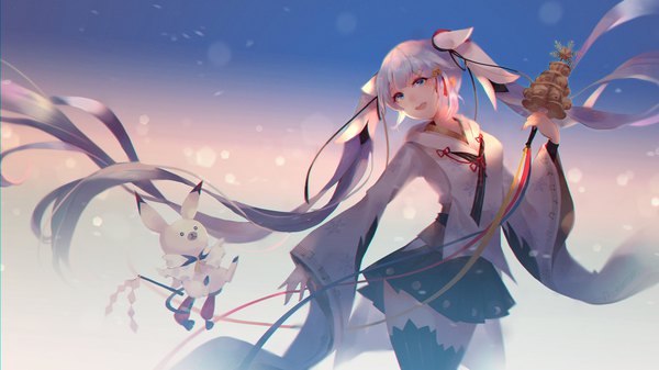 イラスト 1920x1080 と ボーカロイド 初音ミク 雪ミク ラビット・ユキネ 雪ミク2018 vienri ソロ カメラ目線 前髪 highres 青い目 wide image ツインテール holding 空 white hair very long hair 風 wide sleeves 女の子