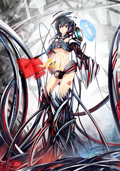 Anime picture 1089x1540 with original glycyrrhizae single tall image light erotic black hair pink eyes girl navel wire (wires)