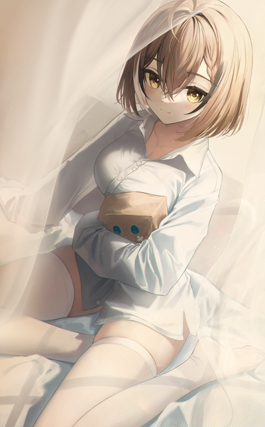 Anime picture 2376x3820 with virtual youtuber hololive hololive english nanashi mumei friend (nanashi mumei) flippy (cripine111) single tall image looking at viewer blush fringe highres short hair light erotic hair between eyes brown hair sitting yellow eyes ahoge multicolored hair
