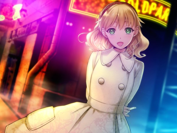 Anime picture 1024x768 with ourai no gahkthun liarsoft steampunk (liarsoft) amy march (ourai no gahkthun) looking at viewer short hair open mouth blonde hair green eyes game cg girl hairband cloak