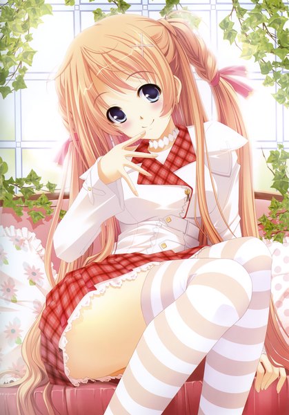 Anime picture 3217x4603 with original eshi 100-nin ten ayakaze ryuushou single long hair tall image blush highres blue eyes blonde hair smile sitting absurdres girl thighhighs skirt miniskirt leaf (leaves) striped thighhighs couch