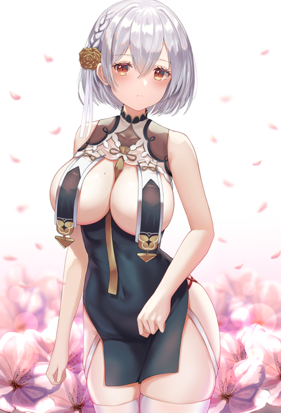 Anime picture 1109x1629 with azur lane sirius (azur lane) sirius (azure horizons) (azur lane) shands single tall image blush fringe short hair breasts light erotic hair between eyes large breasts silver hair mole orange eyes cherry blossoms covered navel mole on breast girl