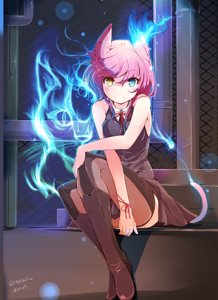 Anime picture 1200x1650 with original maszom single long hair tall image looking at viewer blush fringe short hair breasts blue eyes smile hair between eyes sitting bare shoulders signed animal ears yellow eyes pink hair full body