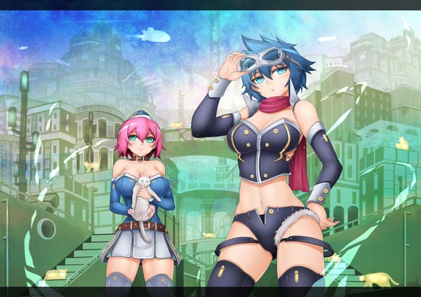 Anime picture 1550x1096 with original oni-noboru blush short hair breasts blue eyes light erotic large breasts bare shoulders multiple girls green eyes blue hair pink hair midriff girl thighhighs skirt navel 2 girls detached sleeves