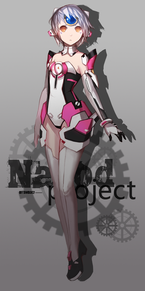 Anime picture 850x1700 with elsword eve (elsword) swd3e2 single tall image looking at viewer short hair silver hair shadow orange eyes girl gloves elbow gloves thigh boots leotard gears