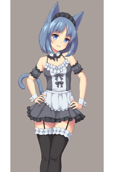 Anime picture 700x1050 with original sasaame single tall image looking at viewer fringe short hair blue eyes standing bare shoulders animal ears blue hair tail parted lips head tilt animal tail cat ears maid cat girl cat tail