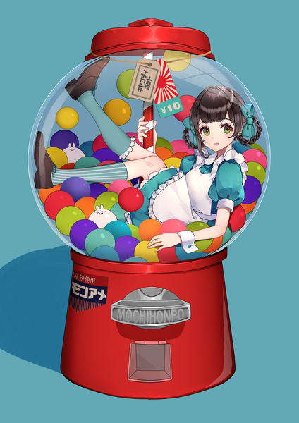 Anime picture 788x1115 with original usamochi. single tall image looking at viewer fringe short hair black hair simple background green eyes full body braid (braids) hair rings aqua background in container different socks girl bow hair bow socks