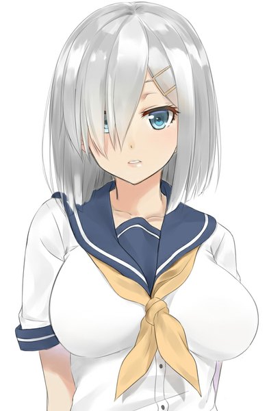 Anime picture 600x916 with kantai collection hamakaze destroyer isshiki (ffmania7) single tall image looking at viewer blush fringe short hair breasts blue eyes simple background white background silver hair hair over one eye hands behind back girl uniform hair ornament serafuku