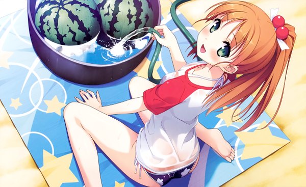Anime picture 4902x3000 with your diary minagawa yuuhi kantoku single long hair looking at viewer blush highres open mouth light erotic wide image green eyes absurdres ponytail orange hair official art wet clothes sand girl hair ornament