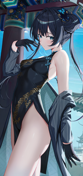 Anime picture 700x1489 with blue archive kisaki (blue archive) ha en single long hair tall image light erotic black hair twintails looking away traditional clothes off shoulder hair bun (hair buns) chinese clothes girl gloves hair ornament black gloves chinese dress butterfly hair ornament