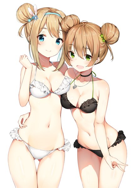 Anime picture 1091x1558 with girls frontline suomi kp31 (girls frontline) rfb (girls frontline) gin00 tall image blush fringe short hair breasts open mouth blue eyes light erotic blonde hair smile hair between eyes brown hair standing white background multiple girls green eyes