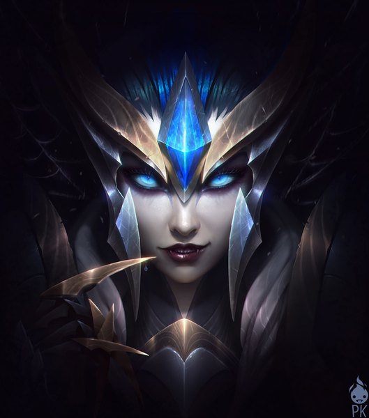 Anime picture 1692x1920 with league of legends elise (league of legends) paul (shiramune) single tall image blue eyes simple background signed blue hair lips realistic teeth glowing black background close-up face glowing eye (eyes) sharp teeth girl armor