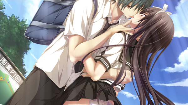 Anime picture 1280x720 with amatsutsumi purple software oribe kokoro long hair blush short hair light erotic black hair red eyes wide image game cg pantyshot couple hug almost kiss girl boy uniform underwear panties