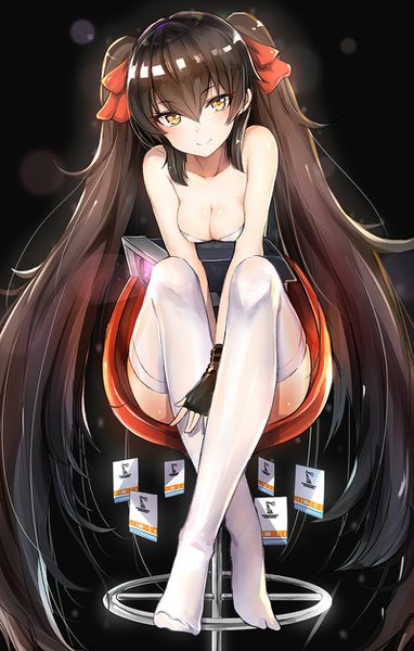 Anime picture 800x1256 with girls frontline qbz-97 (girls frontline) luse maonang single tall image looking at viewer blush fringe light erotic smile hair between eyes brown hair sitting twintails bare shoulders yellow eyes payot very long hair no shoes zettai ryouiki