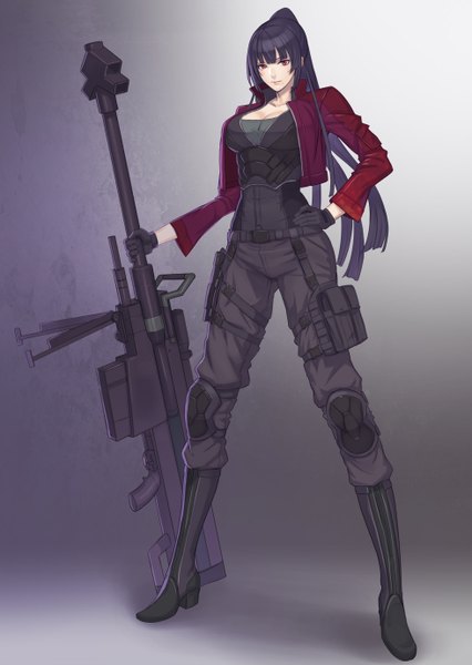 Anime picture 980x1380 with border break (game) damegane single long hair tall image red eyes standing purple hair ponytail open clothes open jacket girl gloves uniform weapon jacket gun military uniform