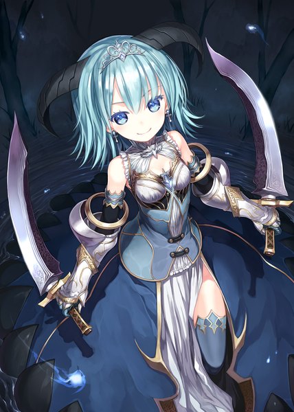 Anime picture 1200x1680 with original capriccio single tall image looking at viewer short hair blue eyes smile standing holding horn (horns) from above aqua hair night midriff partially submerged pale skin fantasy dual wielding spiked hair
