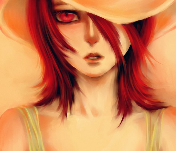 Anime picture 1024x882 with bleach studio pierrot kuchiki rukia nanfe single looking at viewer fringe short hair open mouth red eyes red hair hair over one eye yellow background girl hat headdress